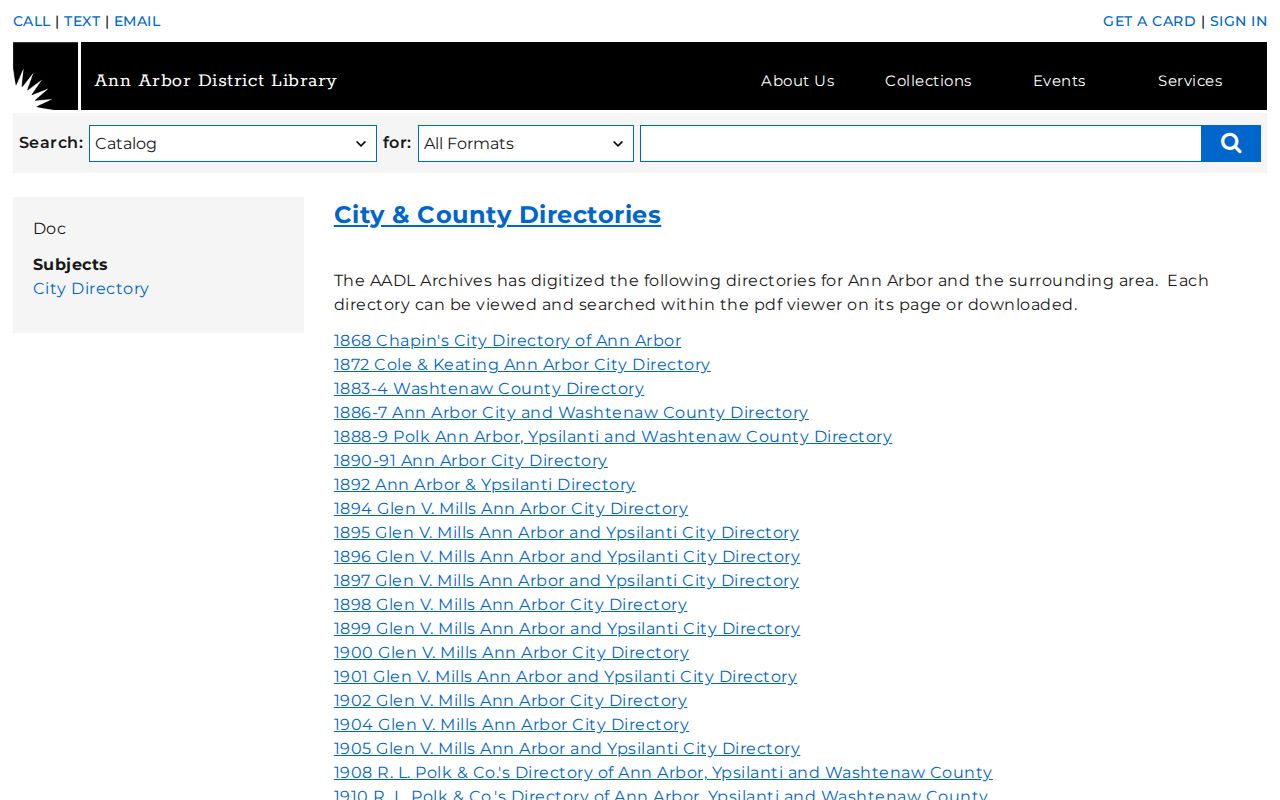 Washtenaw city directory AADL sample-entry browse route